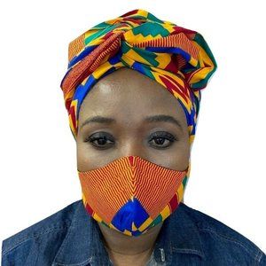 African Kente Ankara Headwrap and Face Mask Set